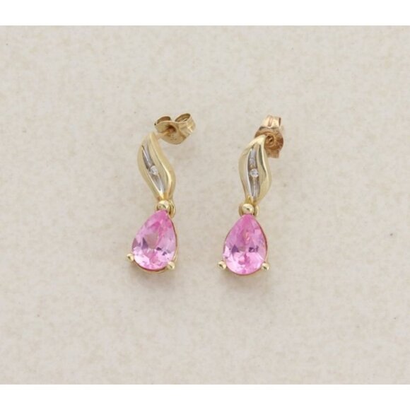 10k Yellow Gold Lab Created Pink Sapphire & White Topaz Earrings Dangle 5/8" - Picture 1 of 7